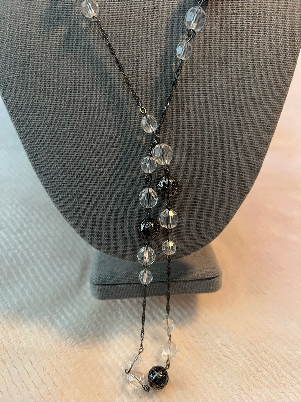 Clear Crystal and Black Beaded Gunmetal Costume Necklace - Women Jewelry
